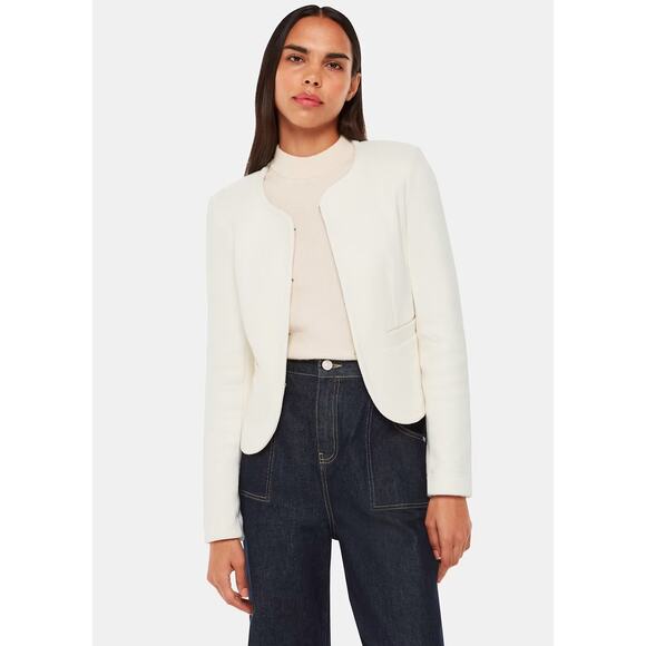 [Whistles] Ivory Collarless Jersey Jacket Knit Cropped Work Weekend Cotton Sz 16 - Picture 1 of 12